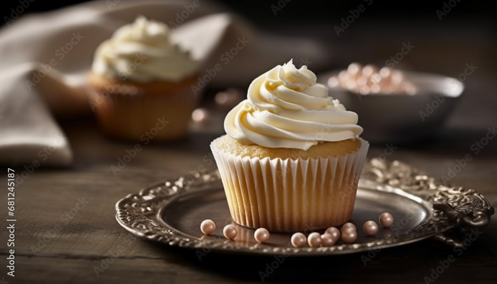 Homemade cupcake with whipped cream and chocolate decoration, ready to eat generated by AI Homemade cupcake with whipped cream and chocolate decoration, ready to eat generated by AI