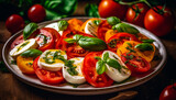Fresh vegetarian caprese salad with mozzarella, tomato, and basil herb generated by AI
