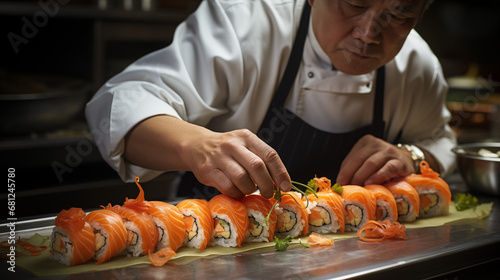 A sushi chef adding the finishing touch to his set of sushi rolls