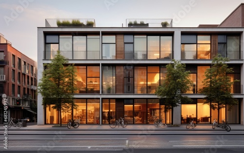 Modern facade of commercial-residential apartment with large floor-to-ceiling windows, Amsterdam © piai