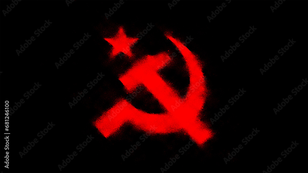 Graffiti hammer and sickle communism revolution symbol sign spray paint on black background