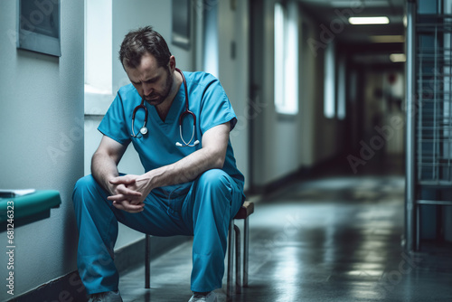 Side view of a stressed doctor sitting against wall in hospital. Stressed And Overworked male Doctor Wearing Scrubs Sitting On Floor In Hospital Corridor