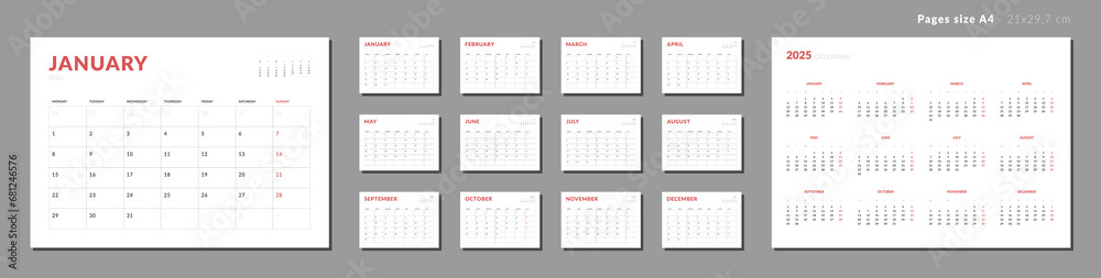 Set of Monthly page Calendar Planner Template 2024 and annual calendar of 2025. Vector layout of a wall or desk calendar with week start Monday. Pages for size A4. Isolated Calendar grid for print Set of Monthly page Calendar Planner Template 2024 and annual calendar of 2025. Vector layout of a wall or desk calendar with week start Monday. Pages for size A4. Isolated Calendar grid for print