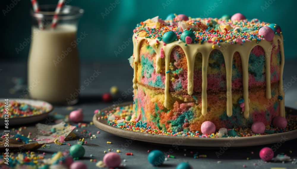 Multi colored dessert table with gourmet candy, chocolate, and fruit decorations generated by AI
