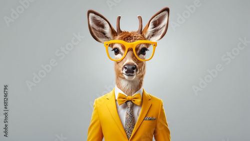 Portrait of a deer wearing glasses and a business suit