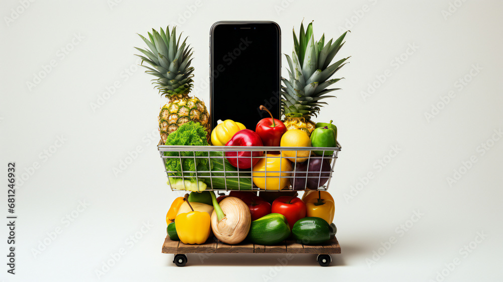 cart with fruits. shopping cart with vegetables. Online grocery shopping app on smartphone, elegant balance, white background
