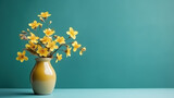 Yellow flowers in greenish ceramic vase isolated on blue background. Macro and close-up. copy space