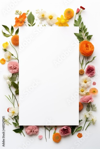 Colorful flower border with large blank space for cards or invites.