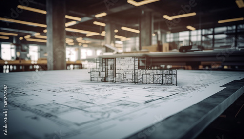 Modern architect blueprint guides construction industry development indoors generated by AI