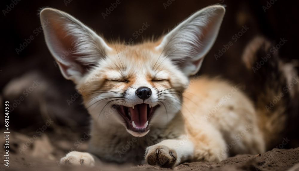 Obraz premium Cute kitten yawning, whiskers and fur in selective focus generated by AI