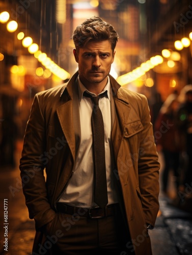 Attractive man in a suit walking through the city, refined style, gentlemanly poise, confident. stylish urban man in raincoat suit jacket. photo