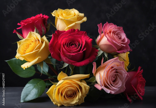 Flowers  a bunch of roses of different colors on a dark background