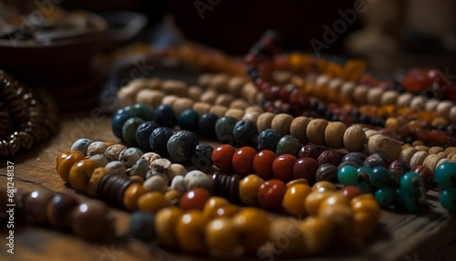 Multi colored bead necklace collection, a souvenir of indigenous cultures generated by AI