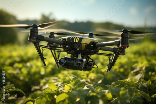 An AI-powered agricultural drone monitoring crop health and optimizing farming practices, illustrating the role of artificial intelligence in precision agriculture. Generative Ai.