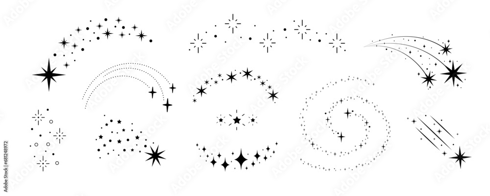 Set stars and comets isolated on a transparent background. Vector illustration in monochrome style. For cards, logo, decorations, invitations, boho designs. - obrazy, fototapety, plakaty 