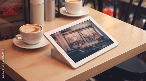 Tablet placed on a coffee table, poised for a presentation. Modern workspace with a digital device ready for professional meetings and business discussions.