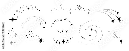 Set stars and comets isolated on a transparent background. Vector illustration in monochrome style. For cards, logo, decorations, invitations, boho designs.