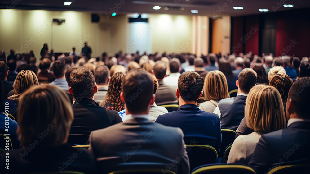 Confident Speaker Facing Large Audience in Auditorium