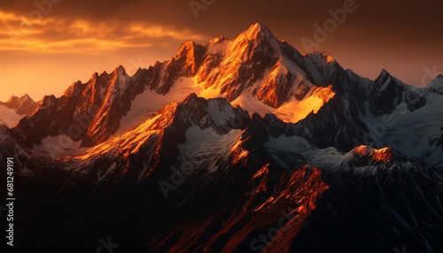 Majestic snowcapped mountain peak at dusk, a tranquil scene generated by AI