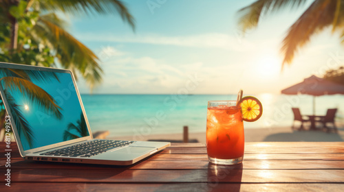 Laptop and cocktail on table, beach in the background