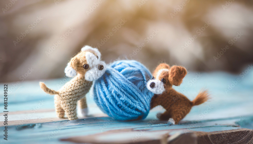 Fototapeta premium knitted dog puppies, cute dogs playing with wool. dolls ,ai generated