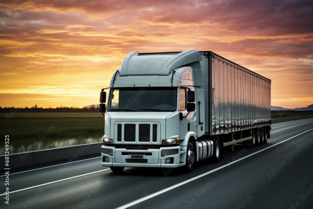 Loaded European truck on motorway in red, orange sunset light. On the road transportation and cargo.