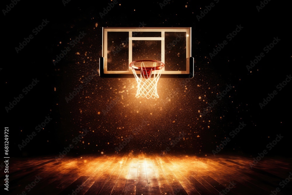 Basketball Hoop Illuminated in a Dark Room Generative AI - obrazy, fototapety, plakaty 