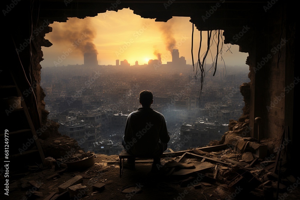 Apokalyptische Vision: Mann blickt auf zerstörte Stadt - obrazy, fototapety, plakaty 