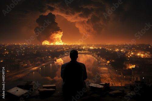 Apokalyptische Vision: Mann blickt auf zerstörte Stadt photo