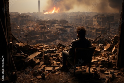 Apokalyptische Vision: Mann blickt auf zerstörte Stadt