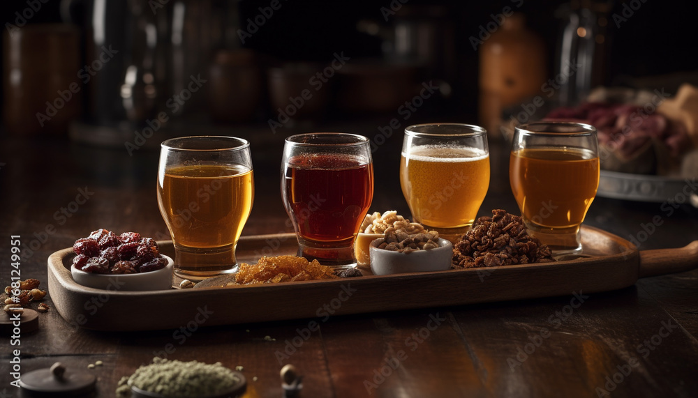 Fresh beer in rustic pub, frothy pint glass on table generated by AI Fresh beer in rustic pub, frothy pint glass on table generated by AI