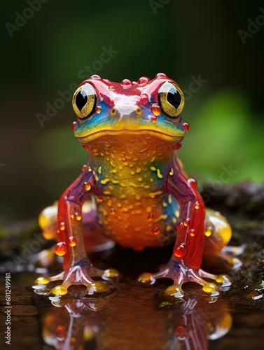 Bright tropical frog in lush rainforest habitat.