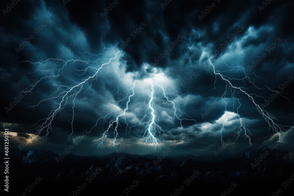 Lightning streaking across a stormy sky, illuminating the darkness with electrifying flashes. Concept of a tempestuous night. Generative Ai.