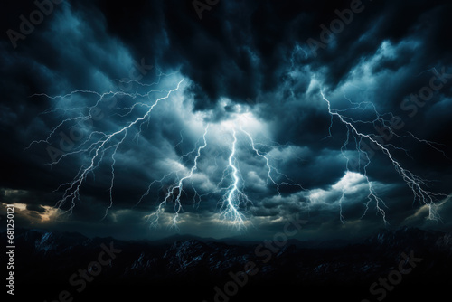 Lightning streaking across a stormy sky, illuminating the darkness with electrifying flashes. Concept of a tempestuous night. Generative Ai.