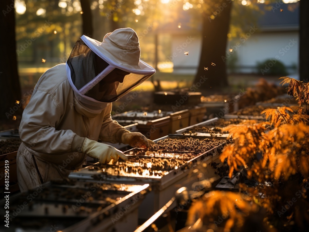 Beekeeper checking his beehives. Beekeeper checking his beehives.