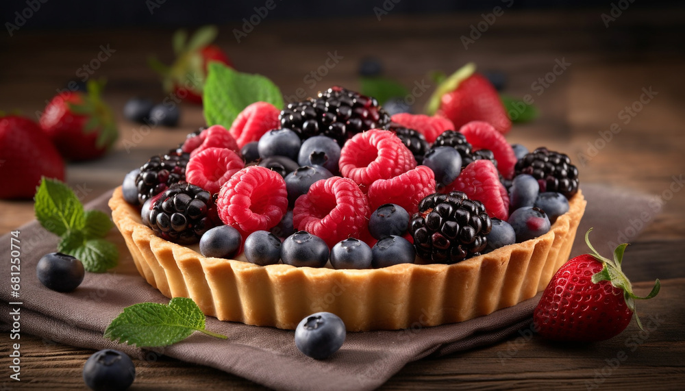 Fresh berry dessert on rustic wood plate with chocolate indulgence generated by AI Fresh berry dessert on rustic wood plate with chocolate indulgence generated by AI