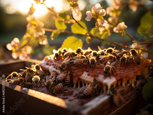 A colony of bees swarming around a beehive, working together to produce honey. © Pablo