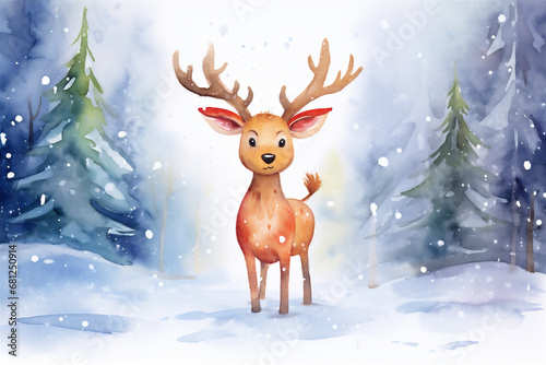 Watercolor Painting Christmas Winter Reindeer  Generative AI