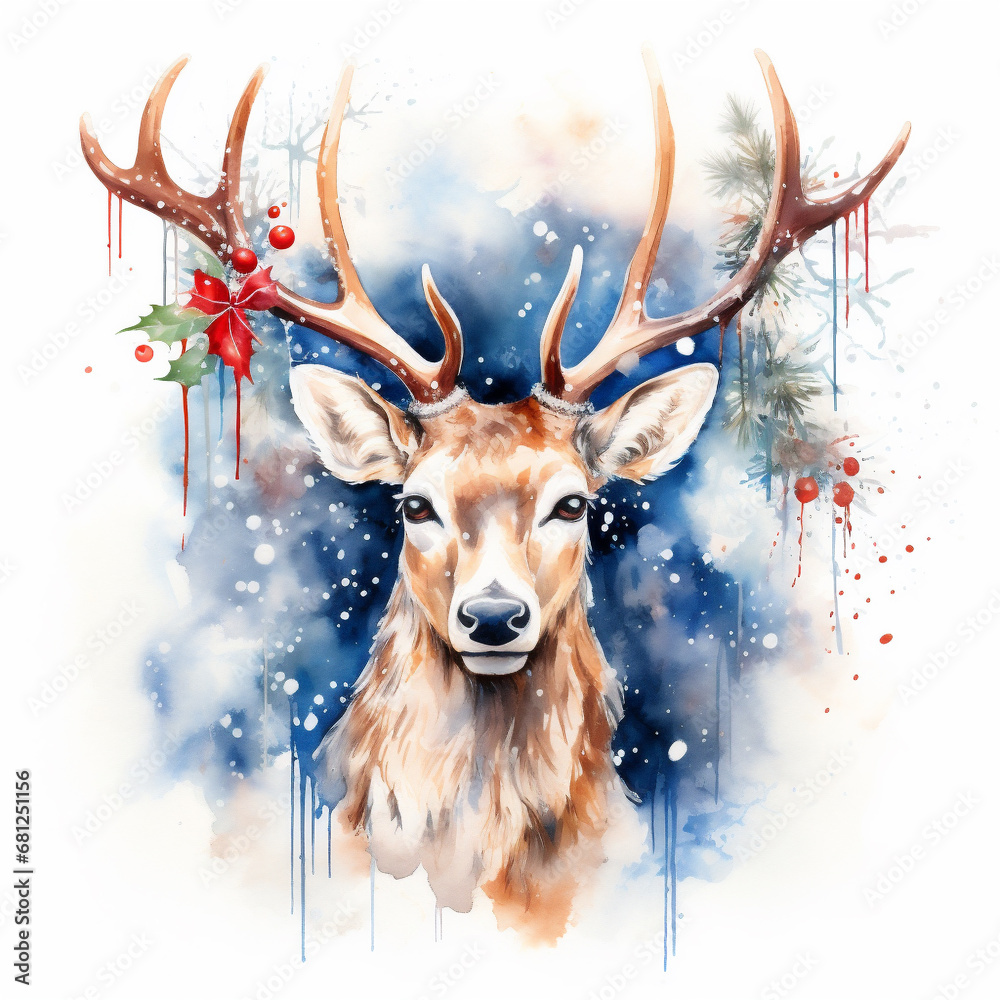 Watercolor Painting Christmas Winter Reindeer, Generative AI