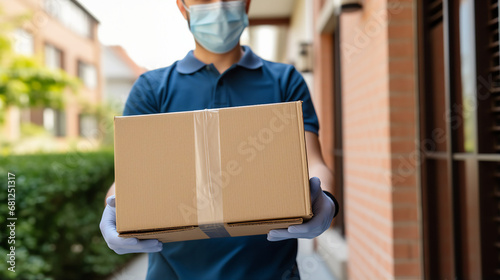 Delivery person in blue, wearing a mask and gloves, holding a cardboard box © Artyom