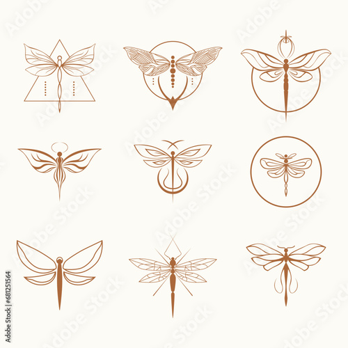 Flutter into enchantment with our vector set of dragonfly icons. Delicate yet vibrant, these symbols of change add a touch of whimsy to your designs.