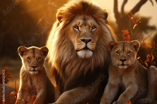 A family of lions basking in the golden sunlight  portraying the regal grace and power of African wildlife. Concept of feline majesty. Generative Ai.