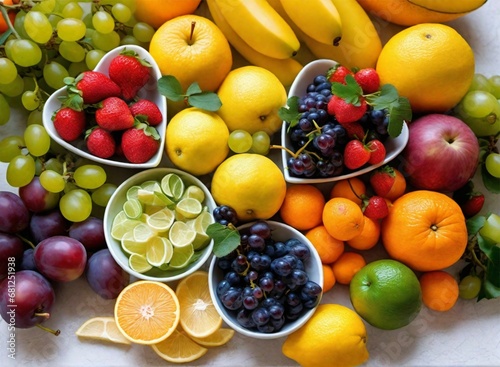 Conjunto de frutas surtidas saludables   frutillas  ar  ndanos  ciruelas  naranjas  bananas  uvas  manzanas  limones. Foto colorida ideal para nutricionista que recomienda dieta saludable.
