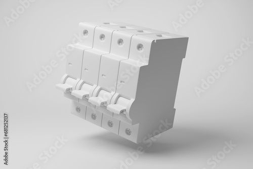 White circuit breakers floating in mid air on white background in monochrome and minimalism. Illustration of the concept of electrical circuit protection from short circuit