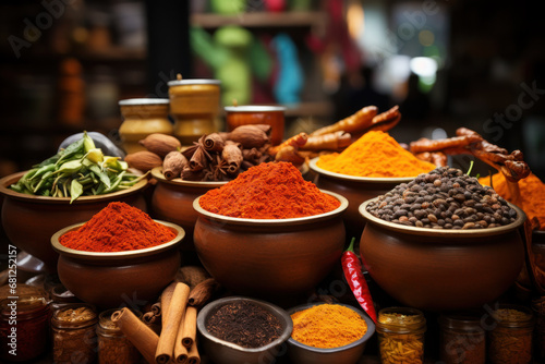 A bustling spice market with vibrant displays of aromatic spices, representing the rich culinary traditions across the continent. Concept of aromatic diversity. Generative Ai.