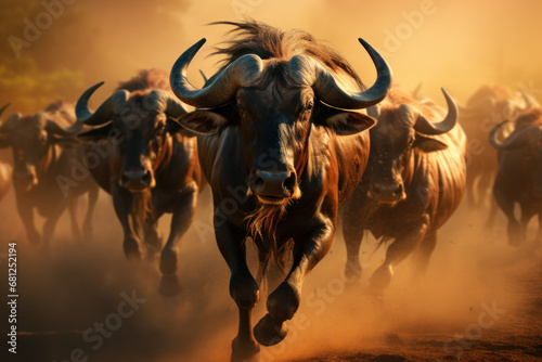 A herd of wildebeest during the Great Migration, illustrating the awe-inspiring natural phenomena that unfold in African ecosystems. Concept of migratory marvels. Generative Ai. photo