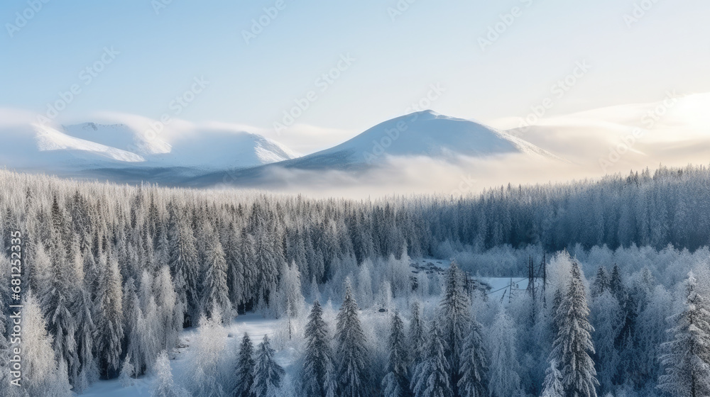 Frosty winter landscape with snow-covered mountain and trees, tranquil nature scene, morning light