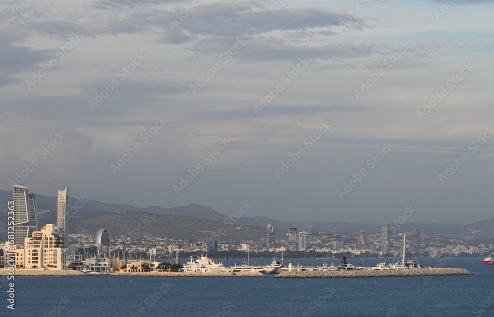 Cityscape View of Cyprus Greece Port and Island Hills