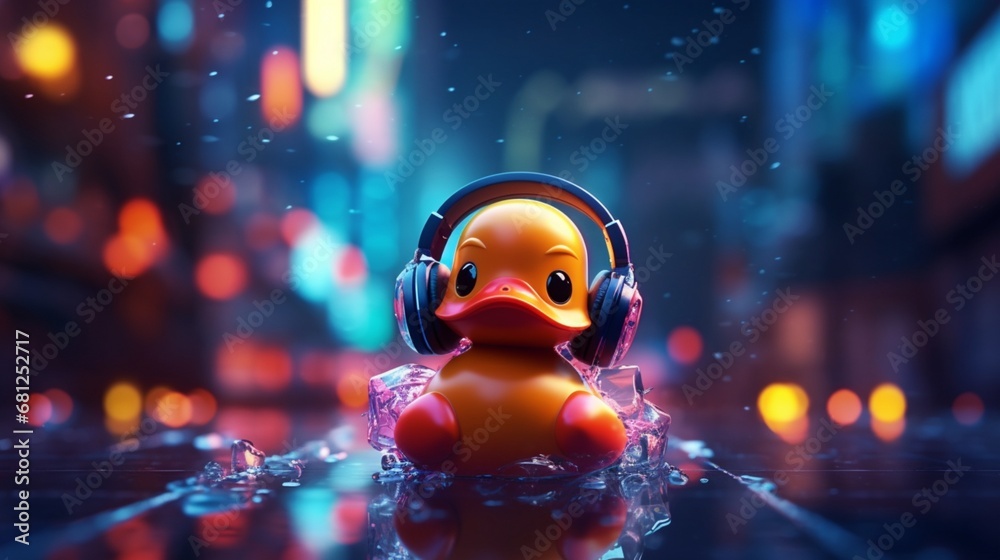 Trendy rubber duck with neon color photography image AI generated image - obrazy, fototapety, plakaty 