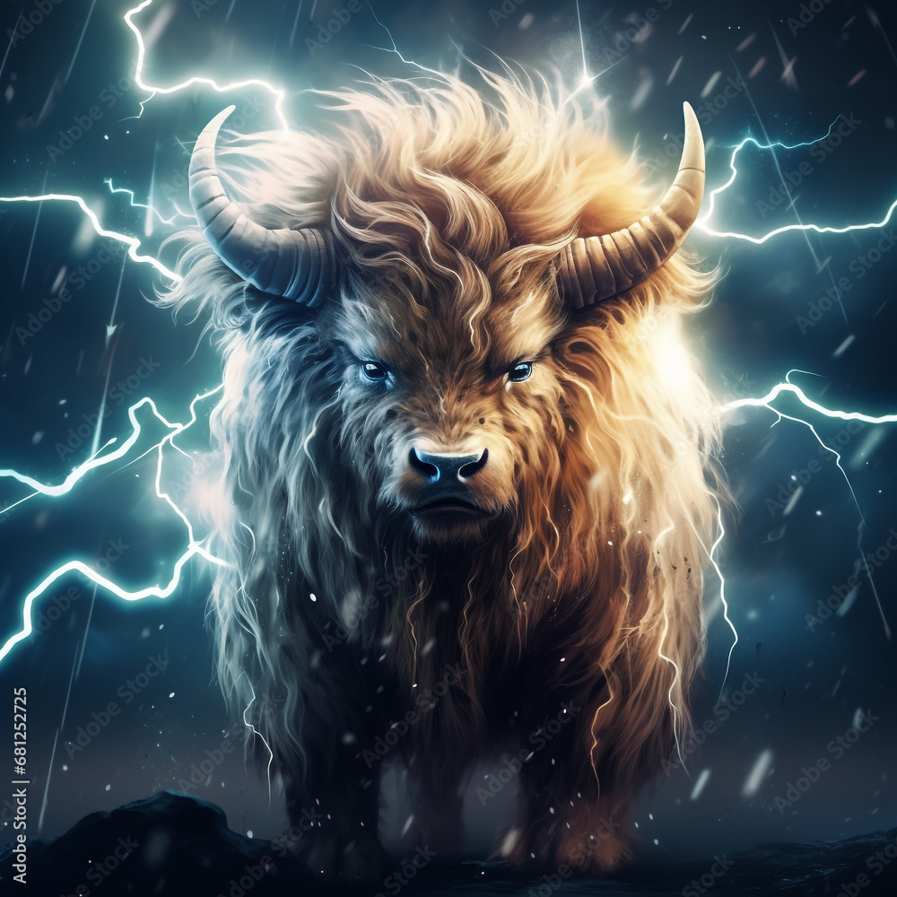 thunder bull, lightning bull. Generative AI.